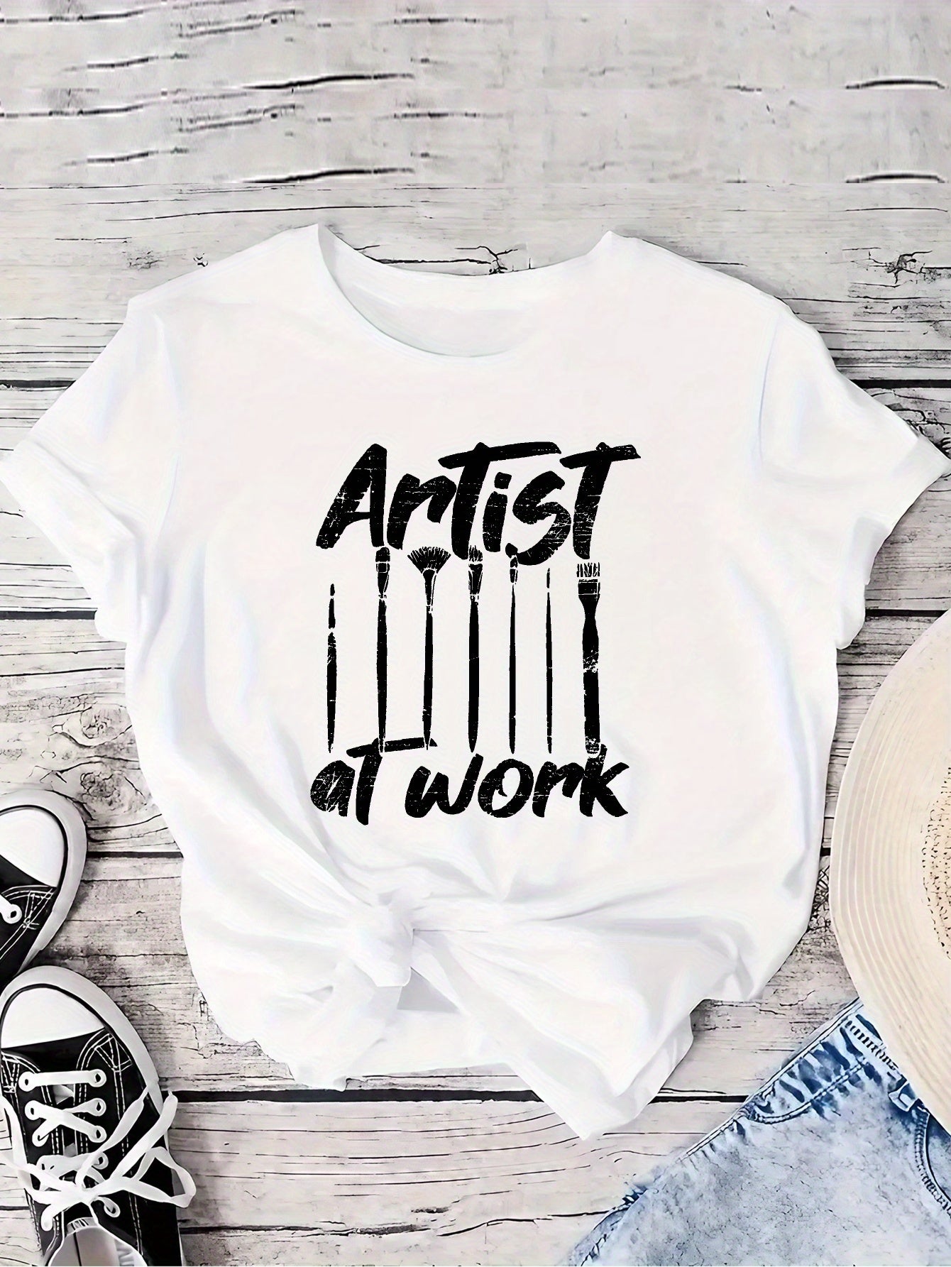 ARTIST AT WORK Print T-Shirt, Casual Short Sleeve Crew Neck T-Shirt For Spring & Summer, Women's Clothing