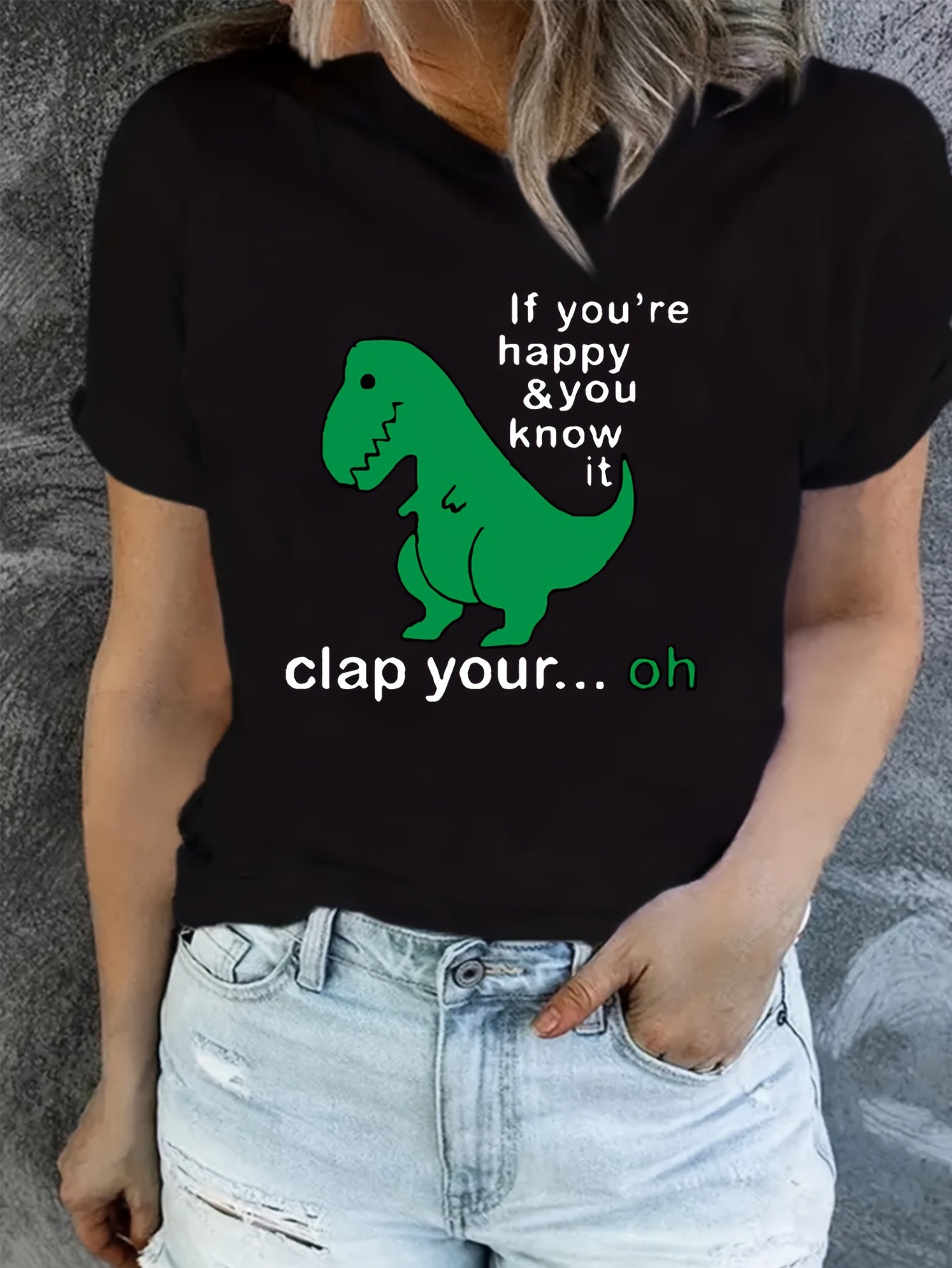 Happy Slogan & Dinosaur Print T-shirt, Cute Short Sleeve Crew Neck Top, Women's Clothing