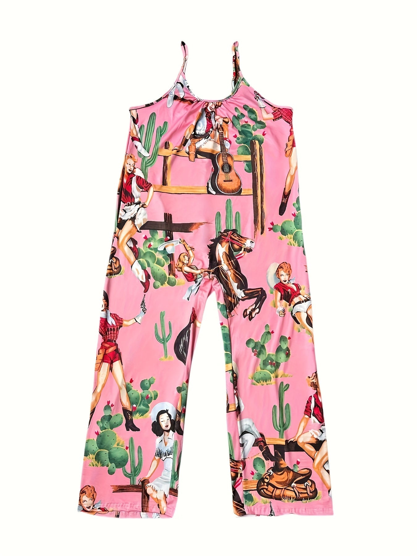 Moab Curation - Western Cowgirl Print Spaghetti Strap Jumpsuit, Casual Sleeveless Dual Pockets Wide Leg Jumpsuit For Spring & Summer. Women's Clothing Jumpsuit For Spring & Summer, Women's Clothing