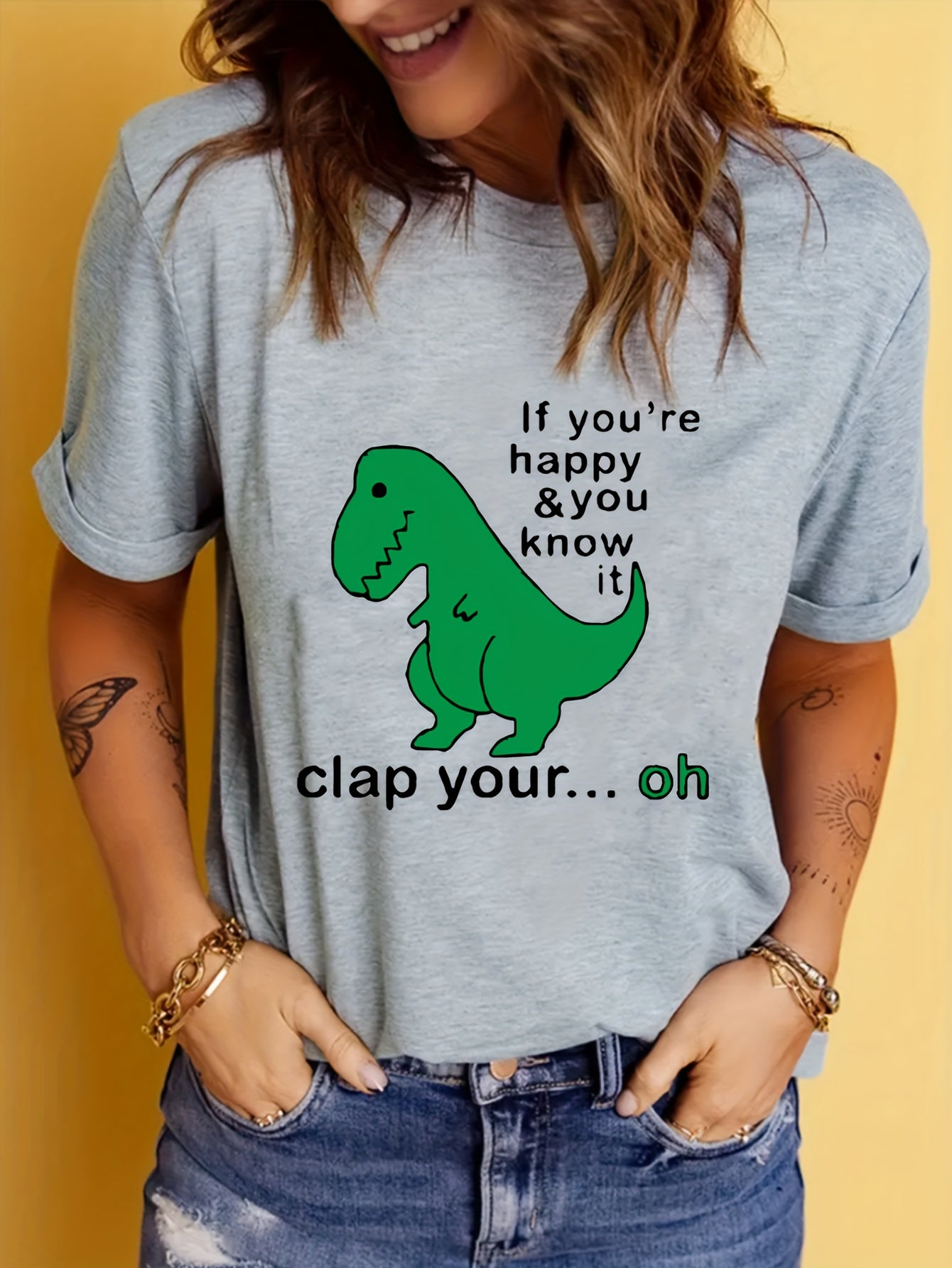 Happy Slogan & Dinosaur Print T-shirt, Cute Short Sleeve Crew Neck Top, Women's Clothing