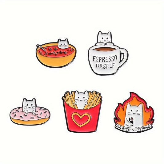 5pcs/set Cute Cat Enamel Pins Coffee Chip Donuts Metal Brooches Fashion Lapel Badge Backpack Clothes Animal Jewelry Gift for friends