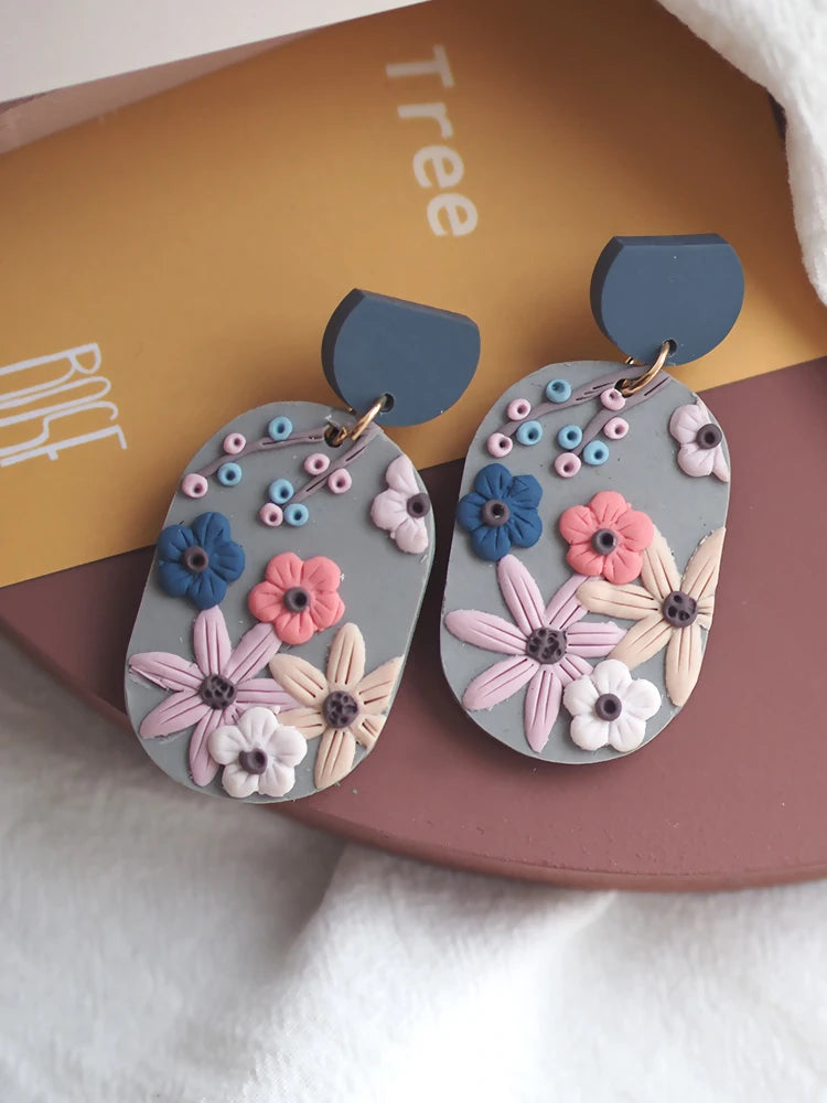 Handmade Jewelry Delicate Ethnic Detailed Flower Pattern Big Size Pendant Drop Polymer Clay Earrings Crafts For Woman Gifts