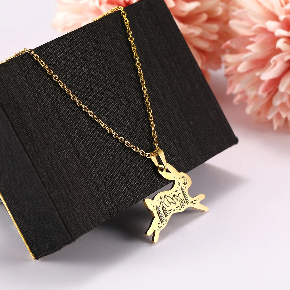 Stainless Steel Animal Pendant Necklace Rabbit Bear Eagle Dog Fox Wolf Scenery Moon Sun Tree Chain Necklaces Jewelry for Women