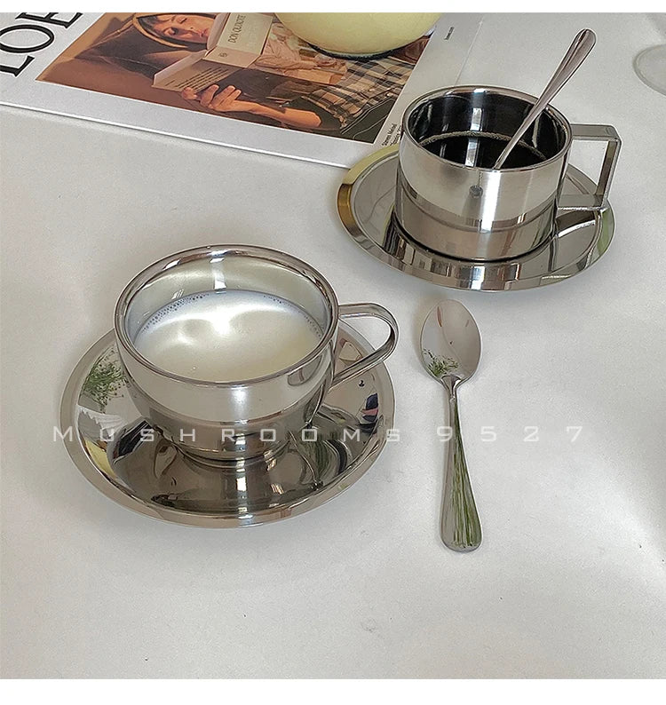 Korean Style Niche Coffee Cup and Saucer Set Retro Stainless Steel Coffee Cup Small Exquisite Posing Vlog Afternoon Tea Cup