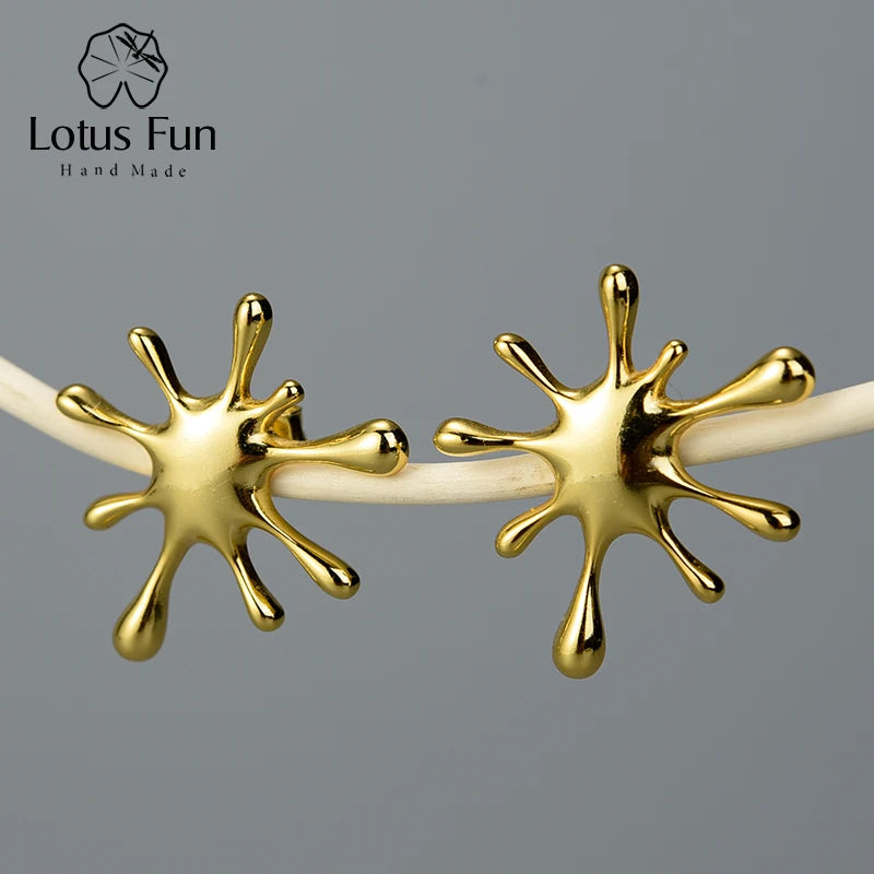 Lotus Fun Real 925 Sterling Silver Natural Creative Handmade Designer Fine Jewelry Splashing Metal Stud Earrings for Women