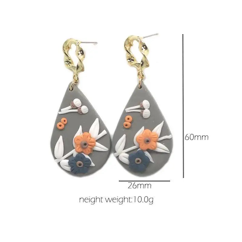 Handmade Jewelry Delicate Ethnic Detailed Flower Pattern Big Size Pendant Drop Polymer Clay Earrings Crafts For Woman Gifts