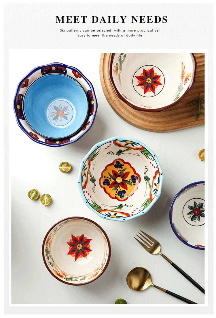 Creative Bowl Ceramic Bohemian Hand-Painted Rice Bowl  Instant Noodle Bowl Household Fruit Salad Bowl Kitchen Tableware