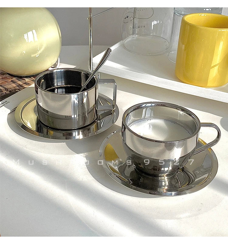 Korean Style Niche Coffee Cup and Saucer Set Retro Stainless Steel Coffee Cup Small Exquisite Posing Vlog Afternoon Tea Cup