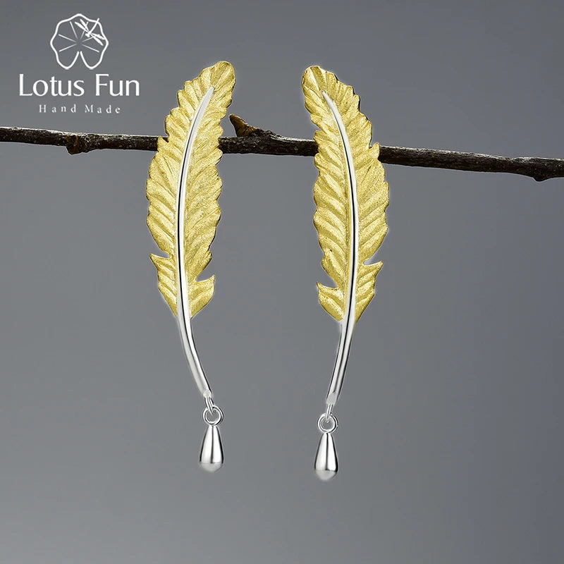 Lotus Fun 18K Gold Luxury Vintage Genuine 925 Sterling Silver Unusual Feather Earrings for Women Original Jewelry 2021 trend New