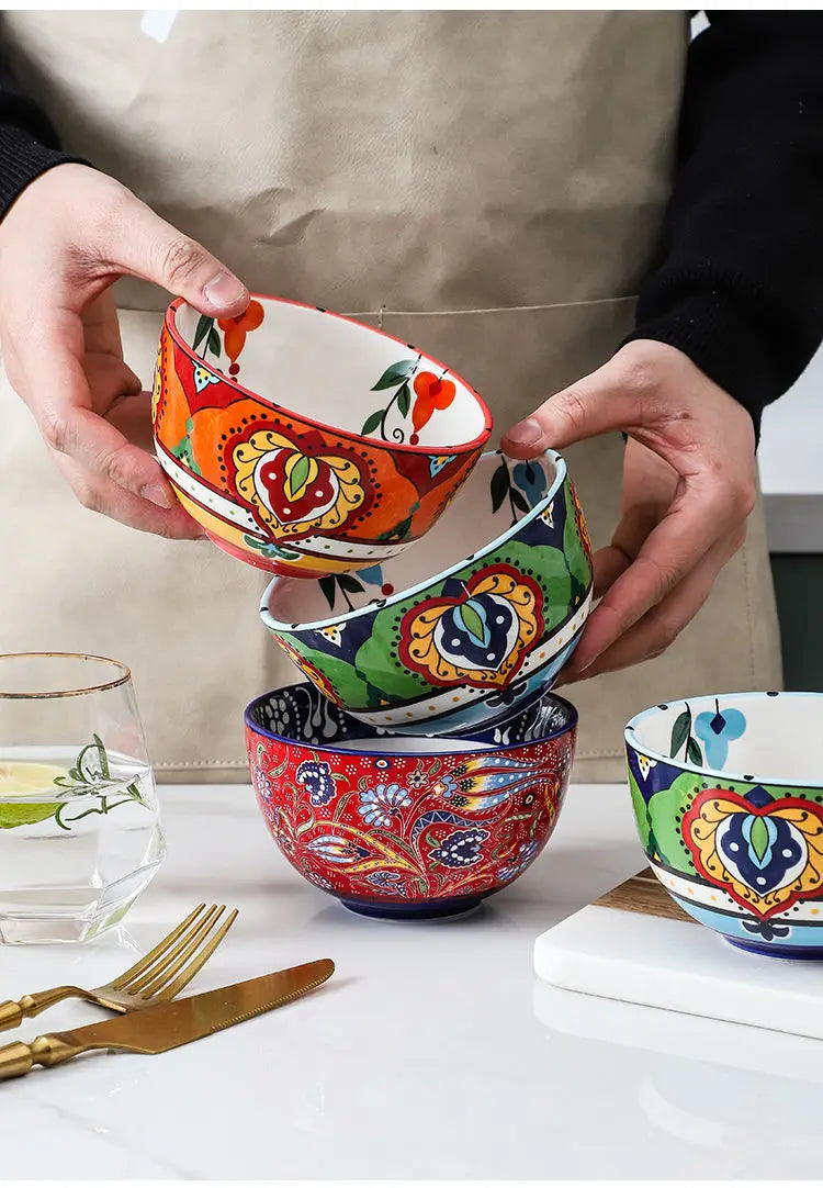 Creative Bowl Ceramic Bohemian Hand-Painted Rice Bowl  Instant Noodle Bowl Household Fruit Salad Bowl Kitchen Tableware