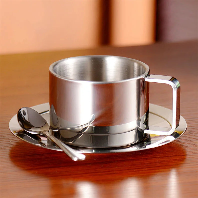 Stainless Steel Coffee Cups Creative Set 304 Stainless Steel European Style Double Layer Coffee Cup Creative Set Mug for Office