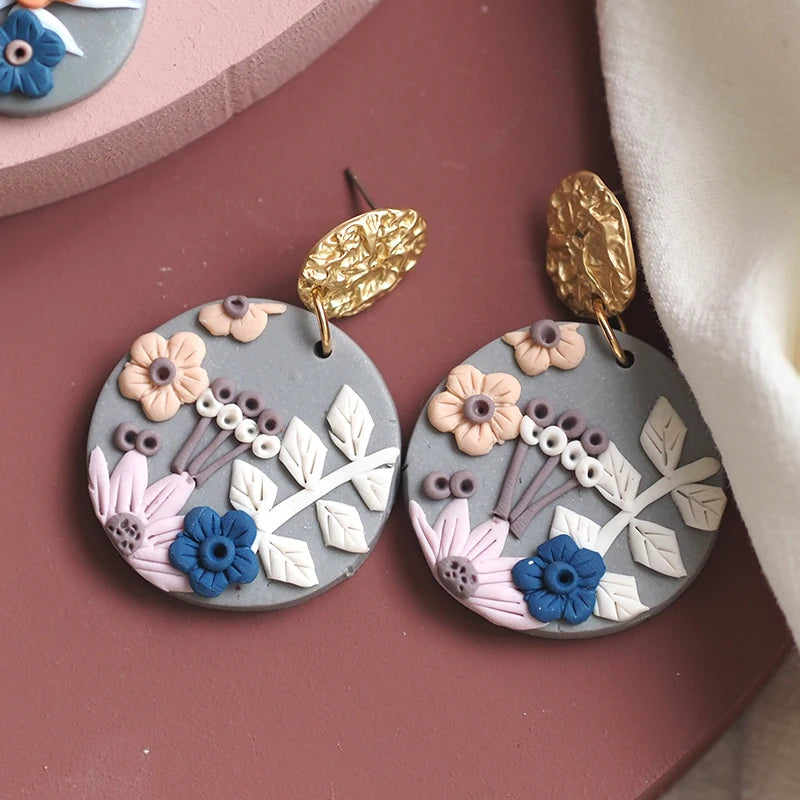 Handmade Jewelry Delicate Ethnic Detailed Flower Pattern Big Size Pendant Drop Polymer Clay Earrings Crafts For Woman Gifts