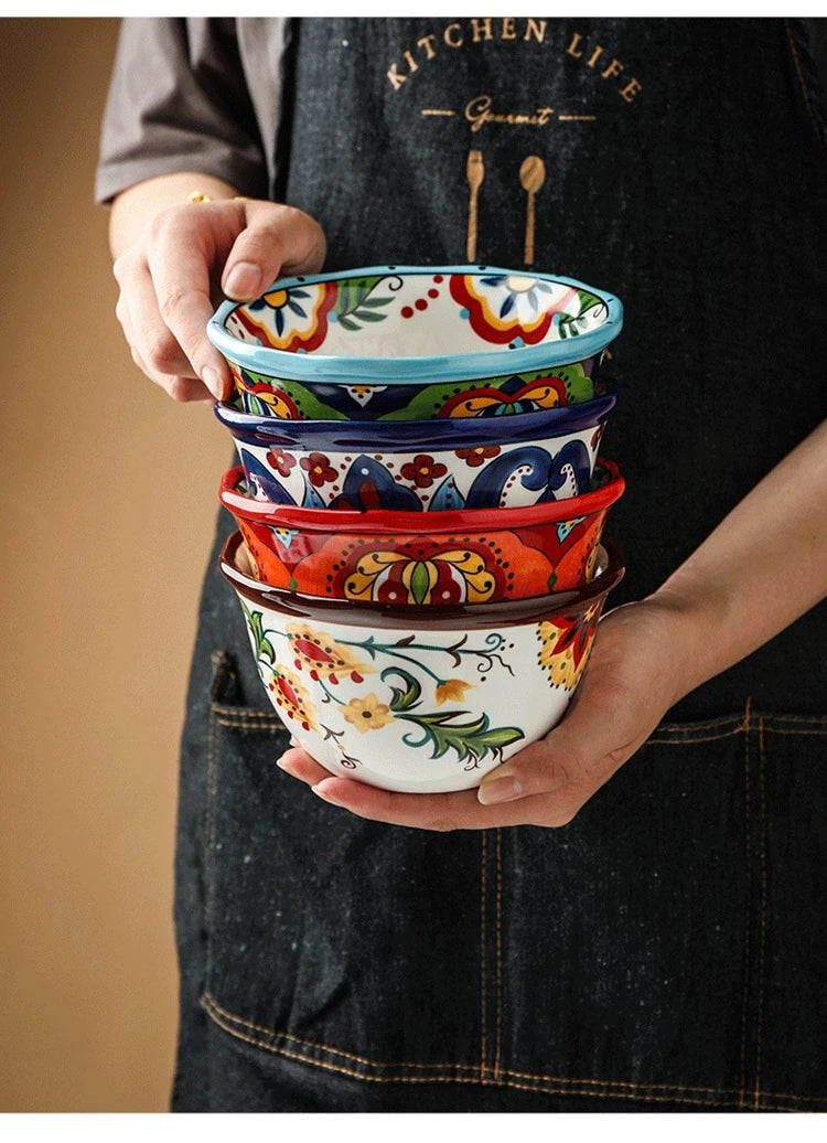 Creative Bowl Ceramic Bohemian Hand-Painted Rice Bowl  Instant Noodle Bowl Household Fruit Salad Bowl Kitchen Tableware