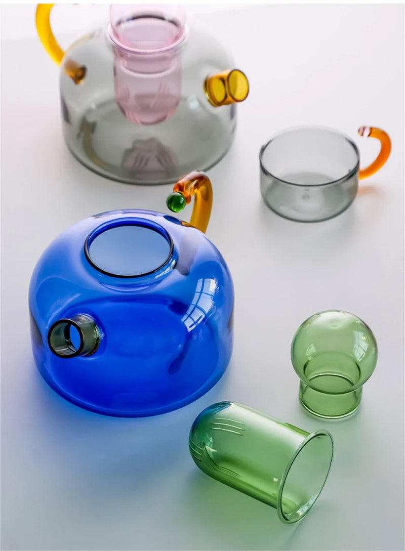 Contrasting Colour Tea pot Colorful Glass Tea water Separation Filtration Teapot Tea cup set Creative Drinkware Teakettle