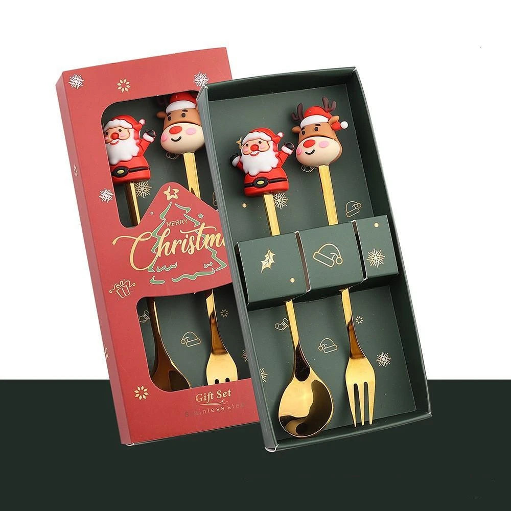 New Christmas Tableware Set Spoon and Fork Stainless Steel Creative Tableware Coffee Tea Dessert Spoon Exquisite Gift Set