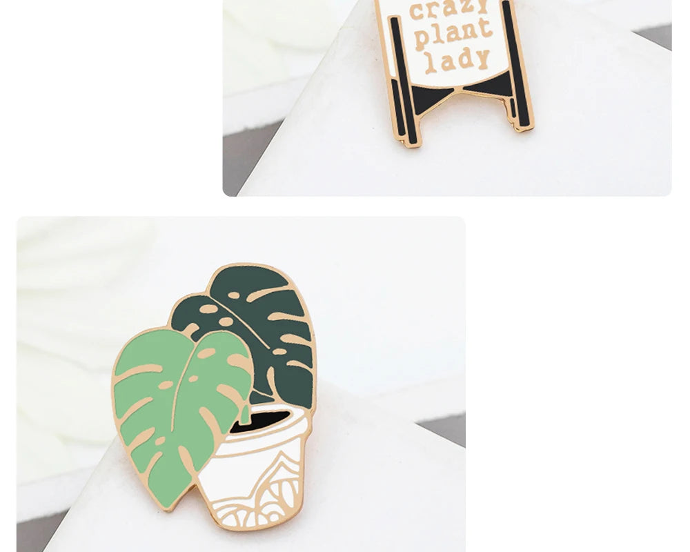 Crazy Plant Lady Brooches Green Succulents Aloe Potted Plants Enamel Badge Creative Cartoon Bag Backpack Lapel Pins Jewelry Gift