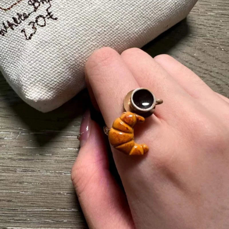 Unique Croissant and Coffee Design Adjustable Finger Rings For Women Statement Jewelry Cute Girls Ring With Coffee Cup 2024 New