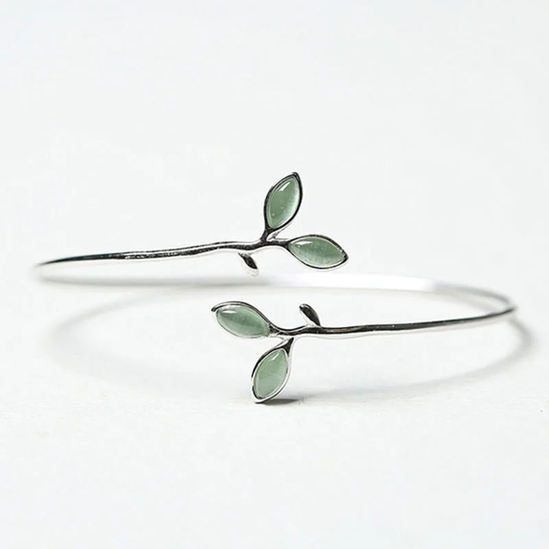 VENTFILLE 925 Stamp Silver Color Bangle for Women Green Opal Leaf Twigs Branch Jewelry Girls' Gift Dropshipping