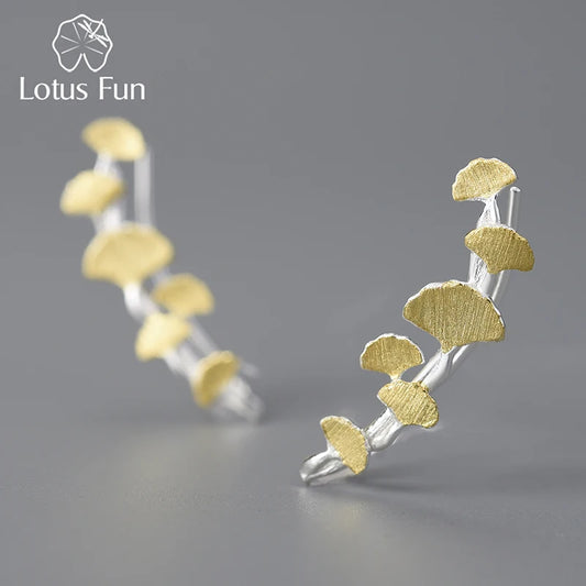 Lotus Fun 18K Gold Delicate Ginkgo Leaves Long Branch Stud Earrings for Women Real 925 Sterling Silver Luxury Quality Jewelry