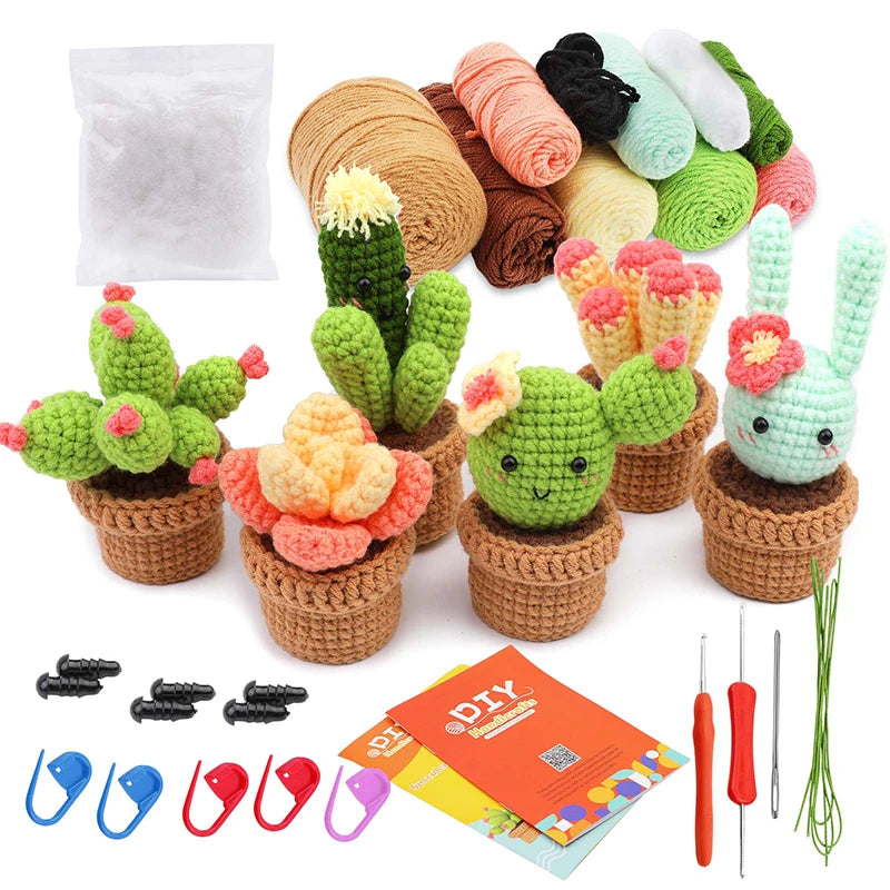 MIUSIE Beginner Crochet Kit Cactus Potted Plant Creative Crochet DIY Keychai Knitting Key Holder Crochet Dolls Material Pack