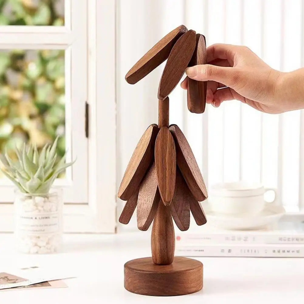 Christmas Tree Coaster with Base 3 Layers Tree Shape Wooden Trivet Anti-scald Countertop Pot Pan Coffee Tea Cup Holder Home