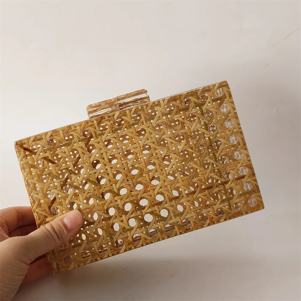 Real Rattan Knitting  Acrylic Evening Bag Mini Flap For Wedding Party Women Elegant Boutique Unique Clutch Purses And Handbag