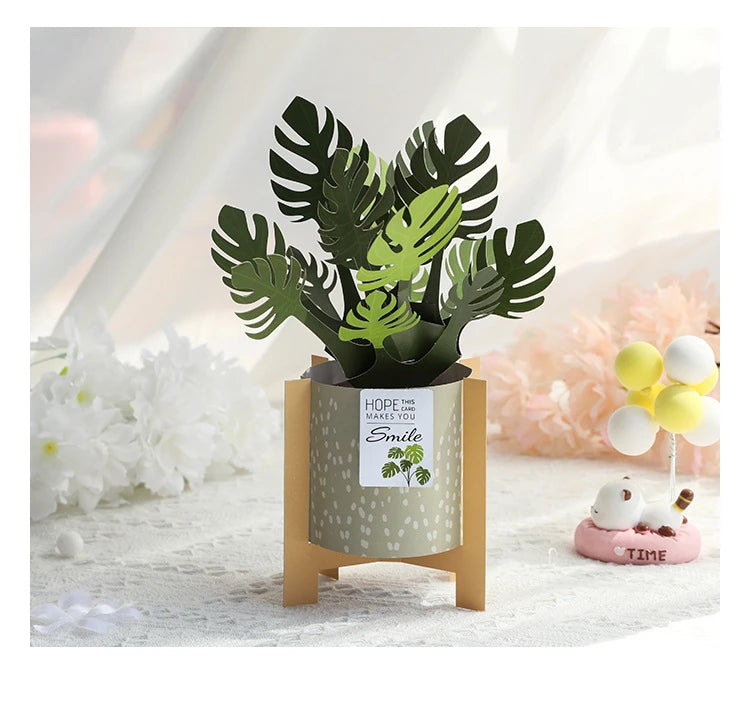 3D Monstera Potted Plant Pop-up Greeting Card with Envelope Flowers Postcard Birthday Cards Valentines Gifts Creative Home Decor