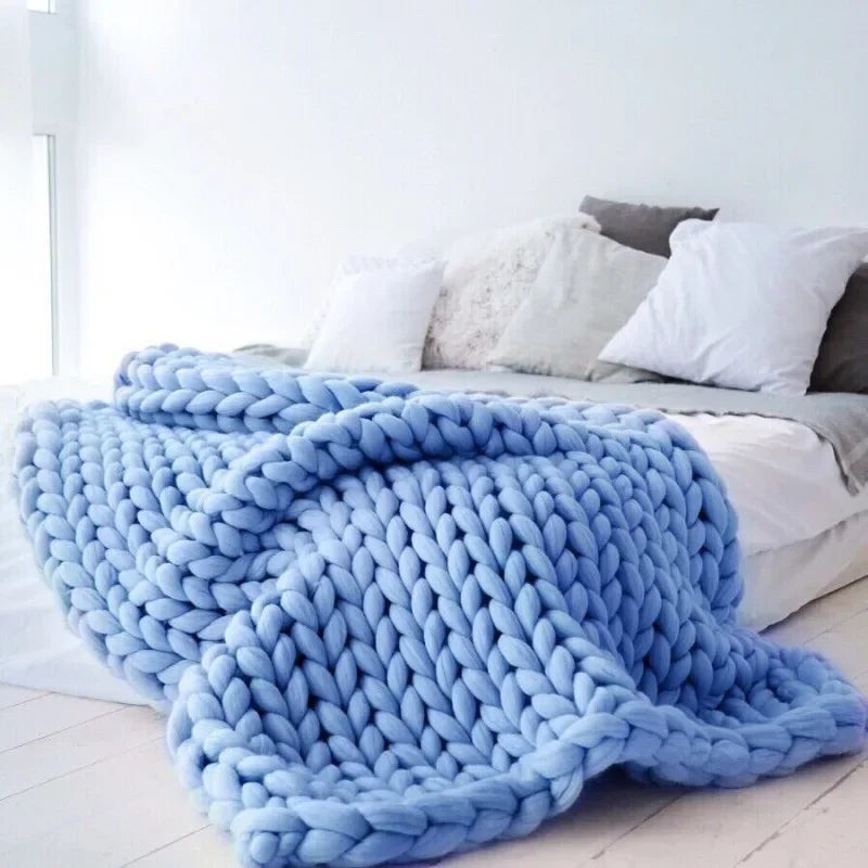 Nordic Style Chunky Knit Throw Blanket, Soft and Warm Wool Yarn Sofa Cover Handmade Cozy Knit Blanket