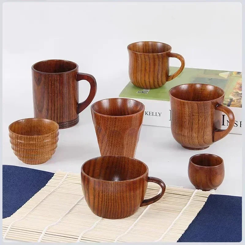 Wooden Big Belly Cups Japan Style Milk Water Cup with Handle Coffee Beer Tea Mug Handmade Natural Kitchen Bar Drinkware Cups