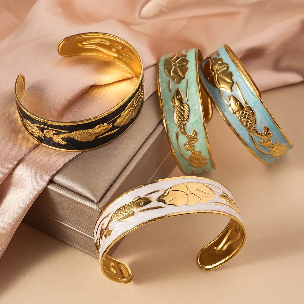 New Fashion Lotus Leaf Pattern Cuff Stainless Steel Bangle Bracelet Adjustable Women's Exaggerated Oil Drip Colorful Bracelet