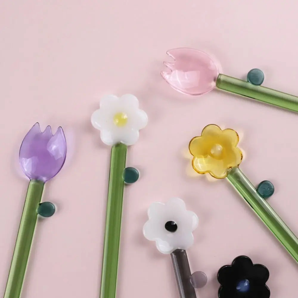 Long handle Glass Spoon Creative Transparent Glass Dessert Spoon Flower Shaped Colored Coffee Stirring Spoon Stick Bar