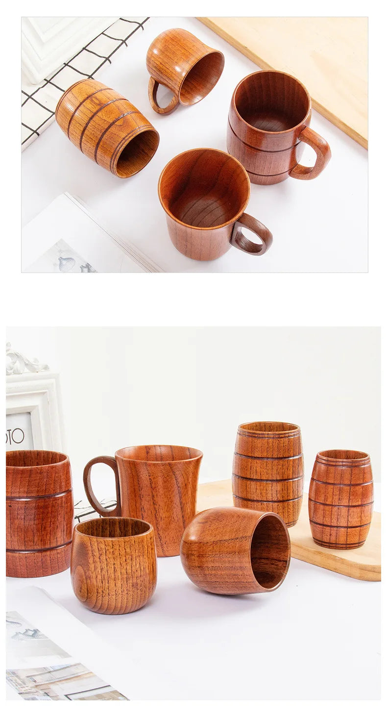 Wooden Big Belly Cups Japan Style Milk Water Cup with Handle Coffee Beer Tea Mug Handmade Natural Kitchen Bar Drinkware Cups