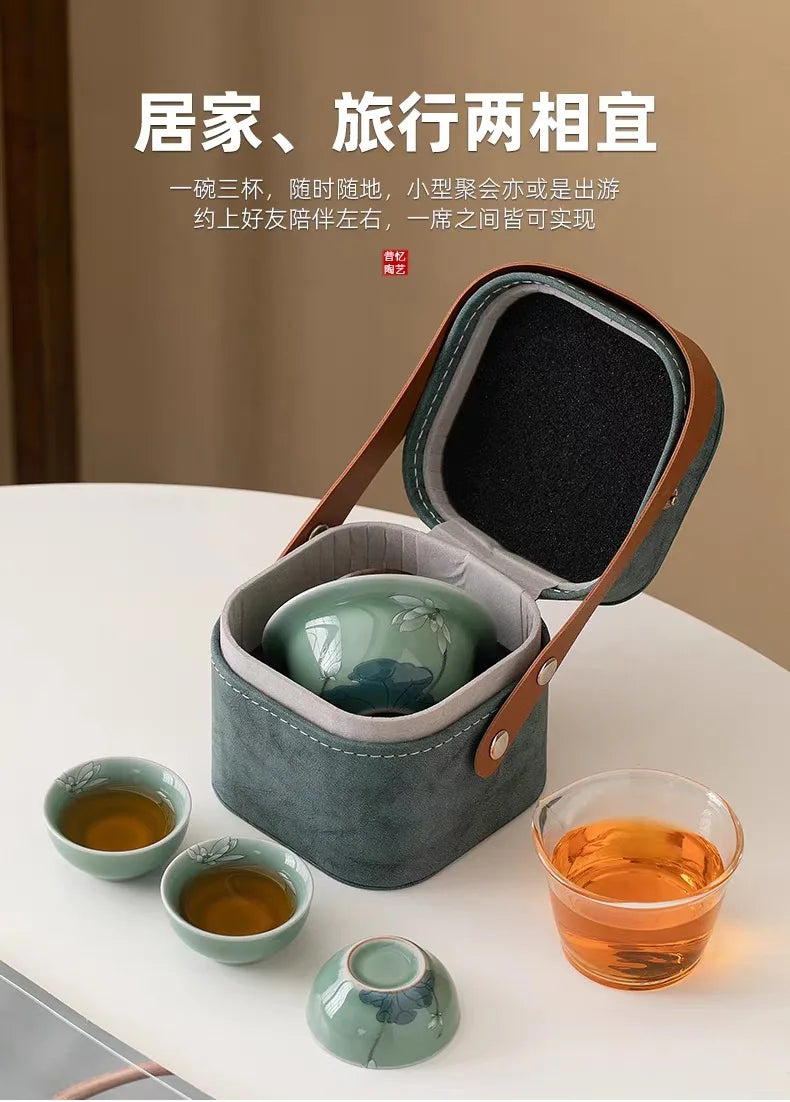 Chinese Style Travel Tea Set, Celadon Cover Bowl Small Set, One Pot, Three Cups, Fast Customer Cup, Portable Kung Fu Tea Maker