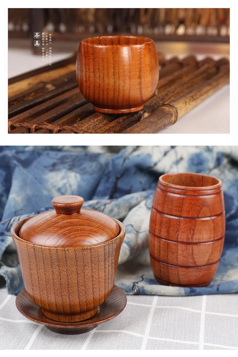 Wooden Big Belly Cups Japan Style Milk Water Cup with Handle Coffee Beer Tea Mug Handmade Natural Kitchen Bar Drinkware Cups