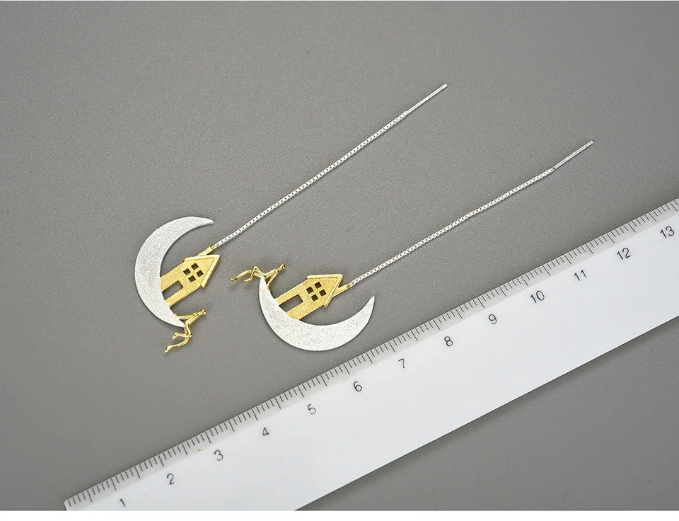 Lotus Fun Real 925 Sterling Silver Home on the Moon Unusual Long Hanging Drop Earrings for Women Luxury Statement Jewelry Gifts