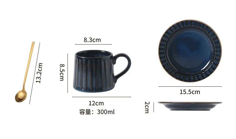 300ML Japanese Retro Rough Pottery Mug Unique Ceramic Office Coffee Cup Dish Set Home Creative Vertical Pattern Brewing Tea Cup