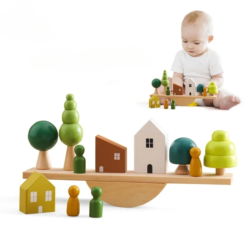 Kids Montessori Toys Forest Tree Threading Seesaw Toy Wooden Stacking Toys Blocks Game Balance Ability Educational Children Gift