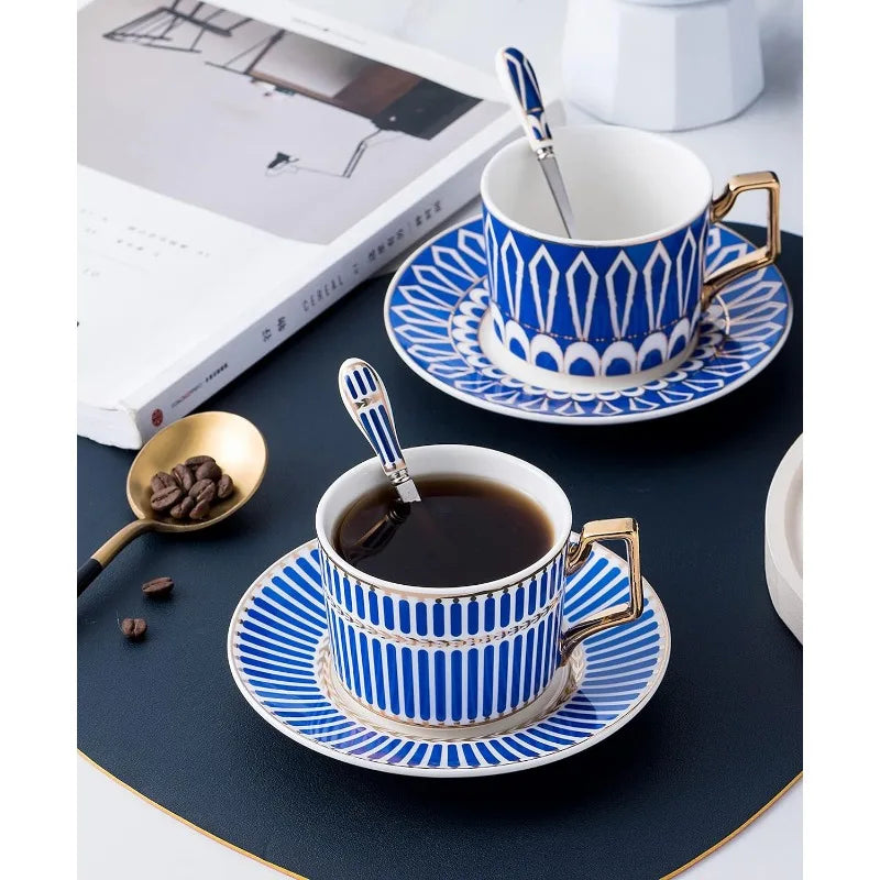 Set of 4 Elegant Modern Blue And Pink 7.4 oz Teacups and Saucers Set-Coffee Cup with Sauce and spoons(Blue/Pink, Serve of 4)