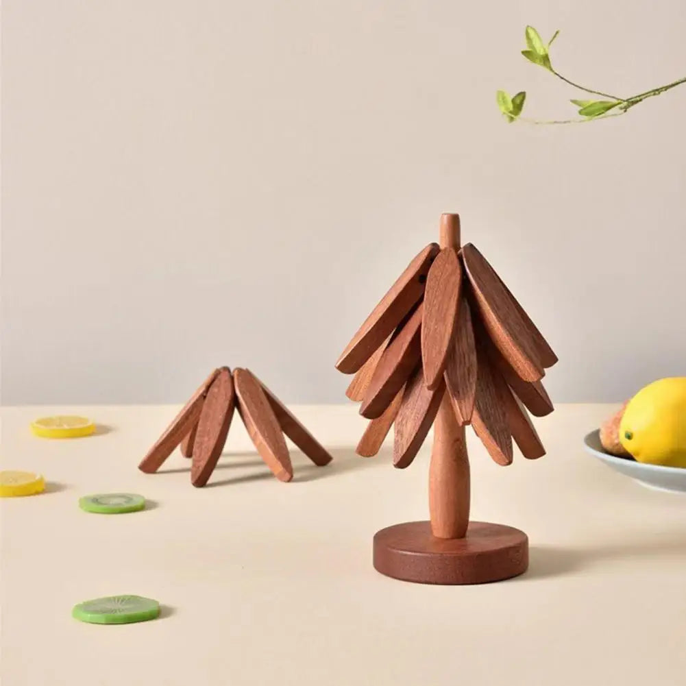 Christmas Tree Coaster with Base 3 Layers Tree Shape Wooden Trivet Anti-scald Countertop Pot Pan Coffee Tea Cup Holder Home