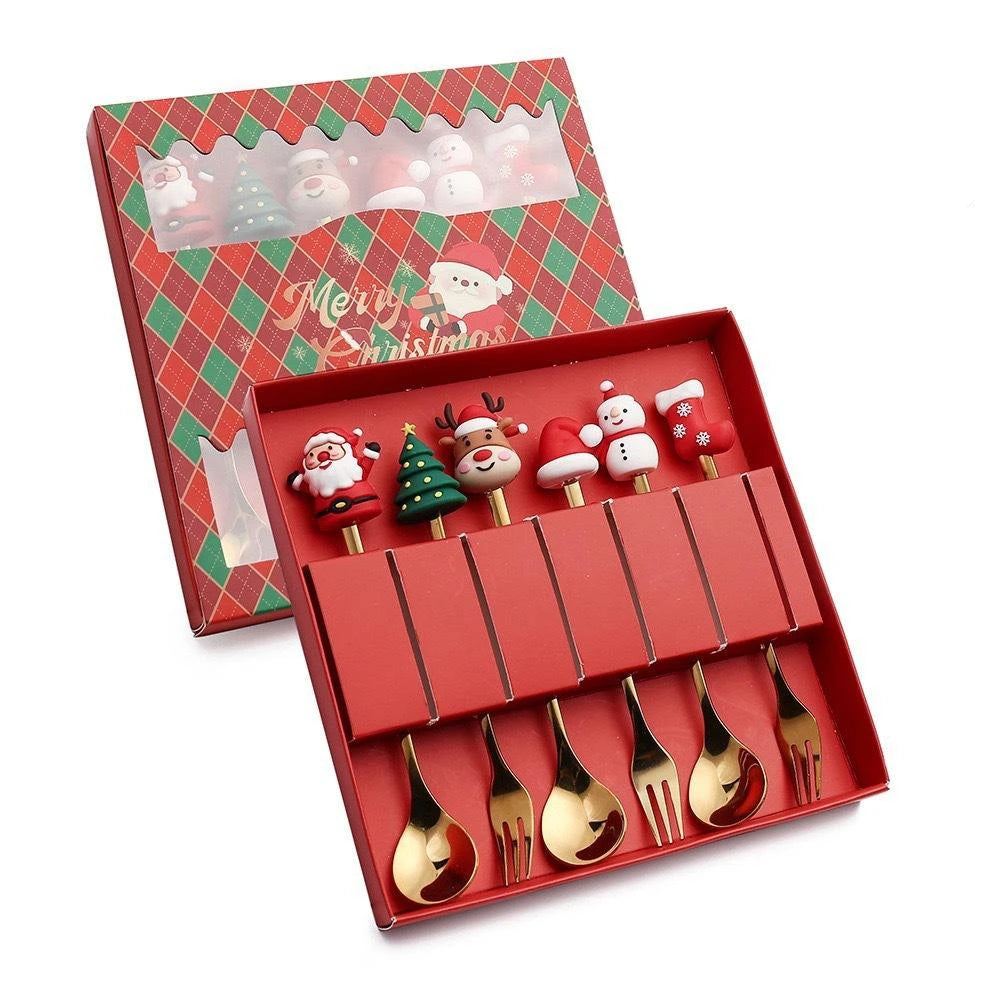 New Christmas Tableware Set Spoon and Fork Stainless Steel Creative Tableware Coffee Tea Dessert Spoon Exquisite Gift Set