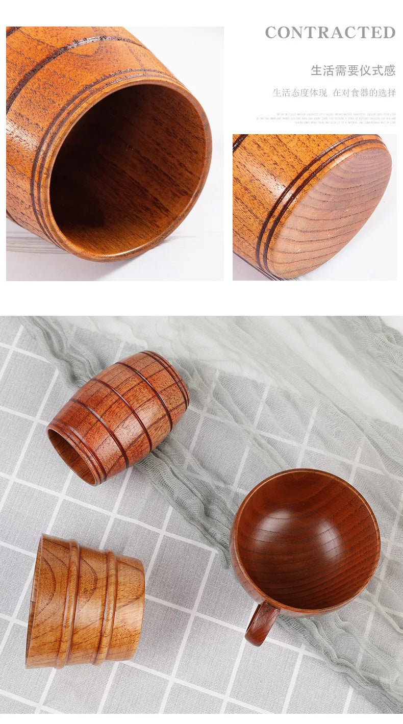 Wooden Big Belly Cups Japan Style Milk Water Cup with Handle Coffee Beer Tea Mug Handmade Natural Kitchen Bar Drinkware Cups