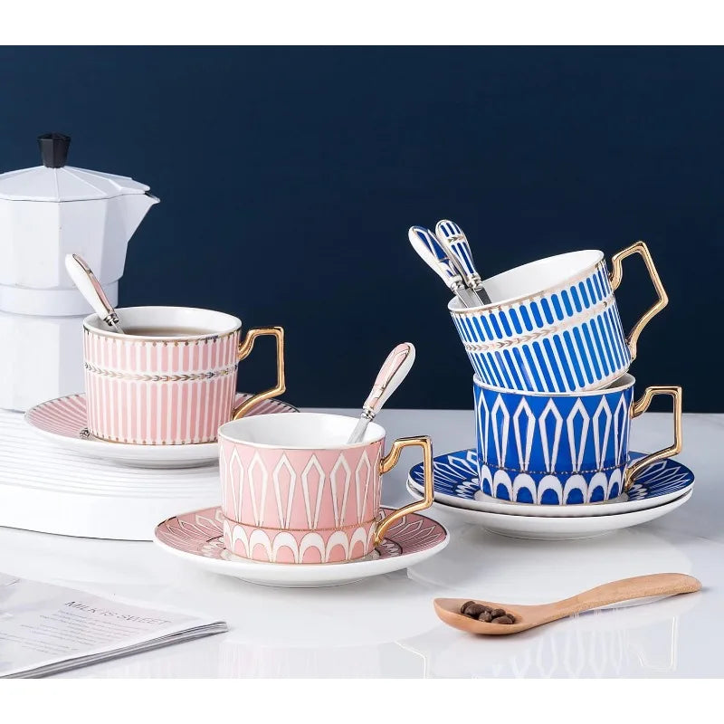 Set of 4 Elegant Modern Blue And Pink 7.4 oz Teacups and Saucers Set-Coffee Cup with Sauce and spoons(Blue/Pink, Serve of 4)