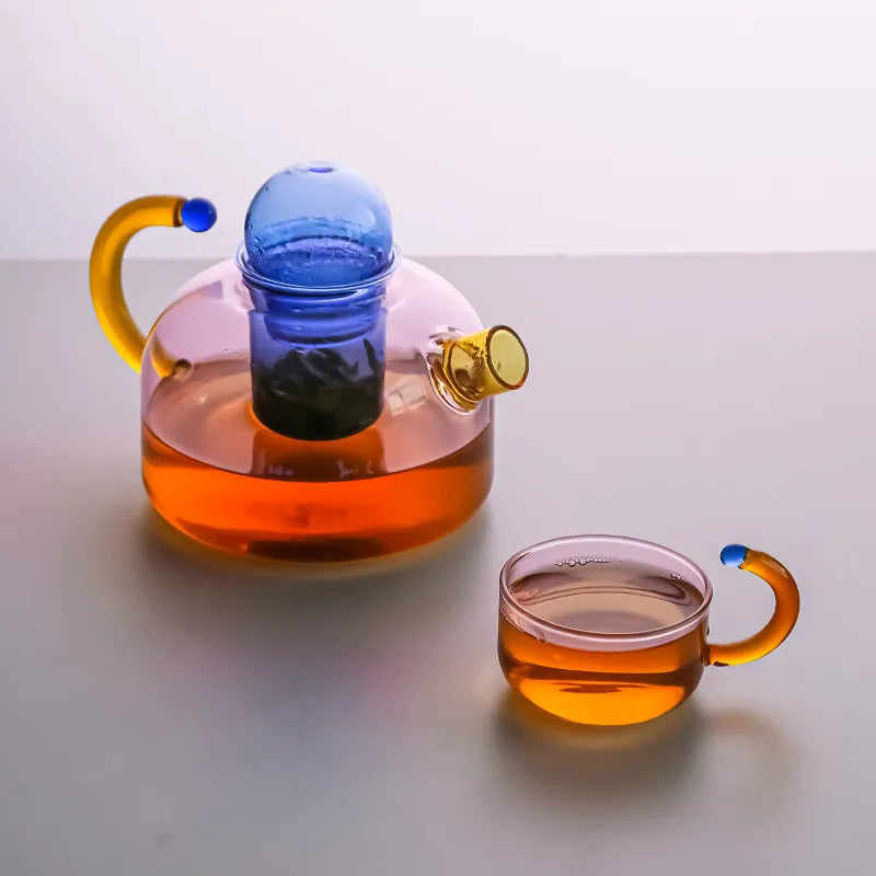 Contrasting Colour Tea pot Colorful Glass Tea water Separation Filtration Teapot Tea cup set Creative Drinkware Teakettle