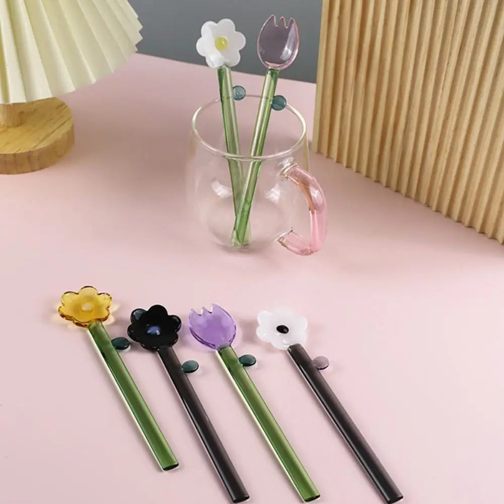 Long handle Glass Spoon Creative Transparent Glass Dessert Spoon Flower Shaped Colored Coffee Stirring Spoon Stick Bar