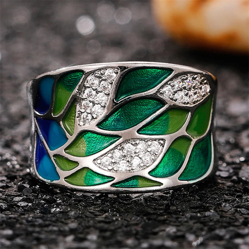 Green Leaf Enamel Handmade Oil Dropping Women's Ring Charm High Luxury Westernized  Prom Fancy Birthday Gift Fashion Jewelry