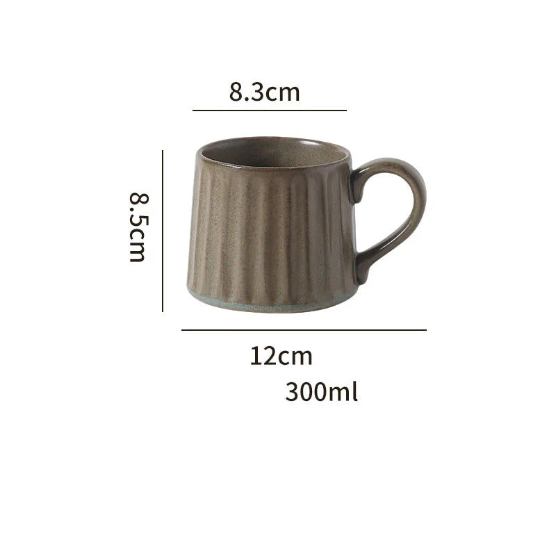 300ML Japanese Retro Rough Pottery Mug Unique Ceramic Office Coffee Cup Dish Set Home Creative Vertical Pattern Brewing Tea Cup