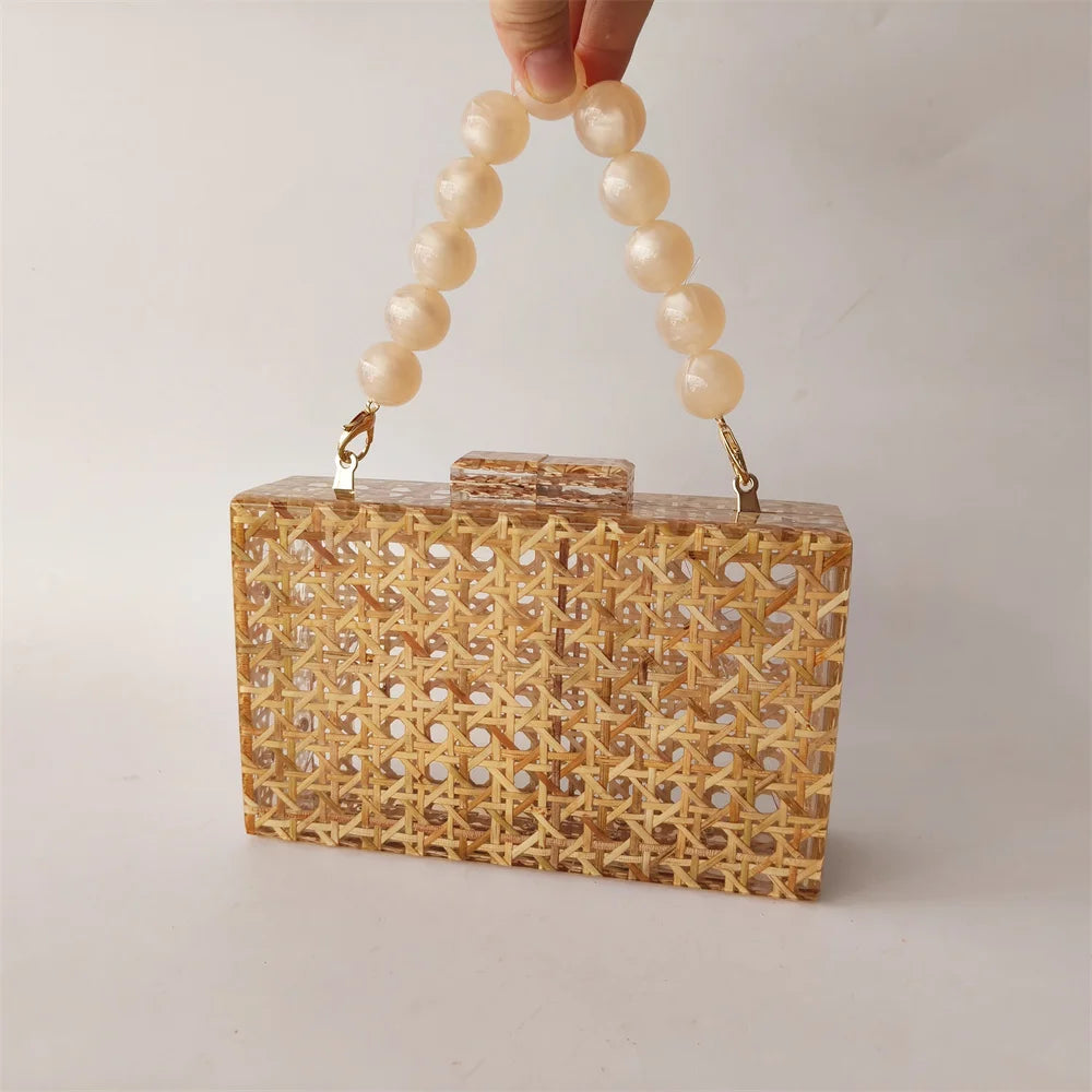 Real Rattan Knitting  Acrylic Evening Bag Mini Flap For Wedding Party Women Elegant Boutique Unique Clutch Purses And Handbag