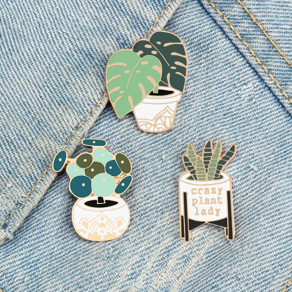 Crazy Plant Lady Brooches Green Succulents Aloe Potted Plants Enamel Badge Creative Cartoon Bag Backpack Lapel Pins Jewelry Gift