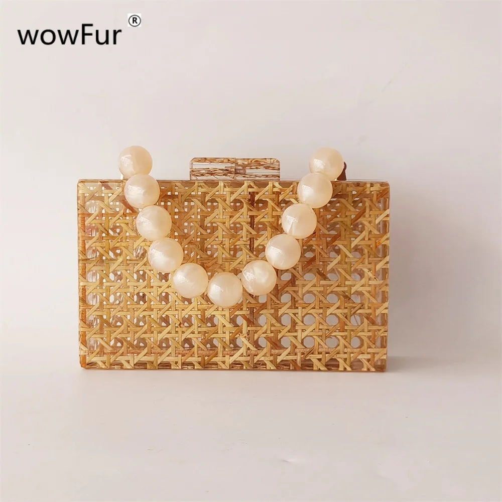 Real Rattan Knitting  Acrylic Evening Bag Mini Flap For Wedding Party Women Elegant Boutique Unique Clutch Purses And Handbag