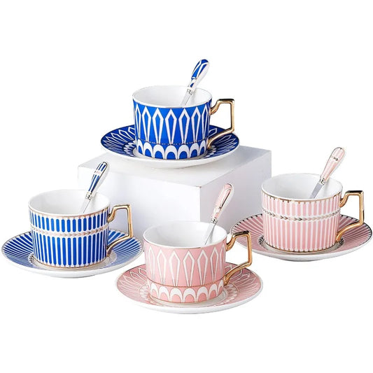 Set of 4 Elegant Modern Blue And Pink 7.4 oz Teacups and Saucers Set-Coffee Cup with Sauce and spoons(Blue/Pink, Serve of 4)